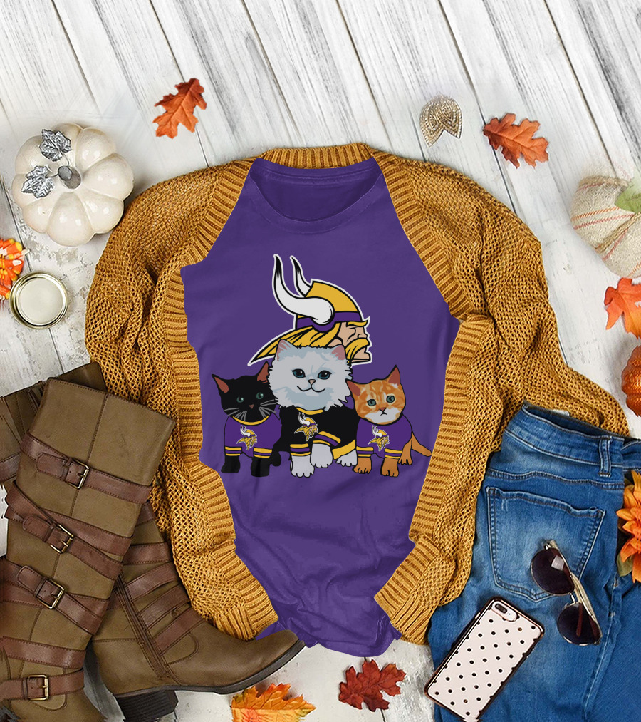 Minnesota Vikings Cats Wearing Team Jerseys with Viking Head T-Shirt