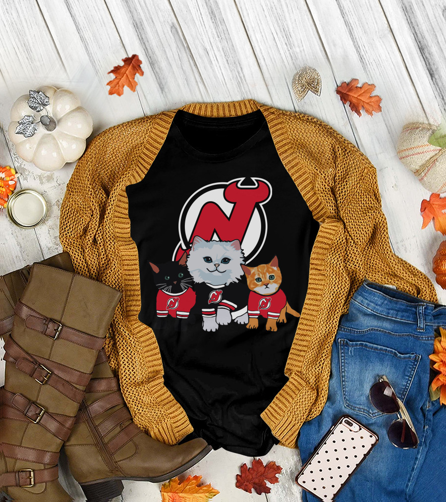 New Jersey Devils Cute Cats in Red Jerseys with Team T-Shirt