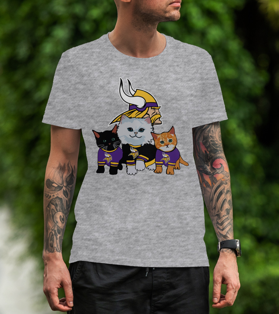 Minnesota Vikings Cats In Purple Jerseys With Viking Helmet T-Shirt