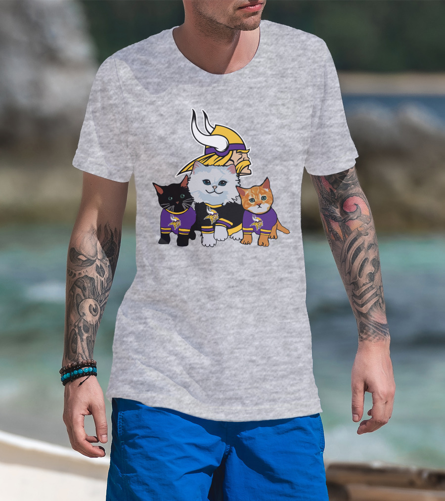 Minnesota Vikings Cats In Purple Jerseys With Viking Helmet T-Shirt
