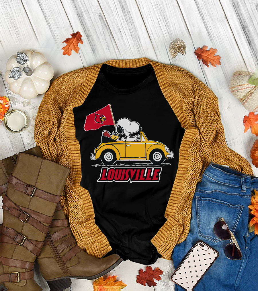 Louisville Snoopy Car Ride with Cardinals Flag T-Shirt