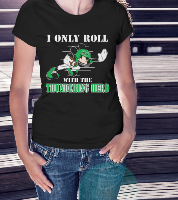 I Only Roll With The Thundering Herd Marshall M Football Player Cartoon T-Shirt