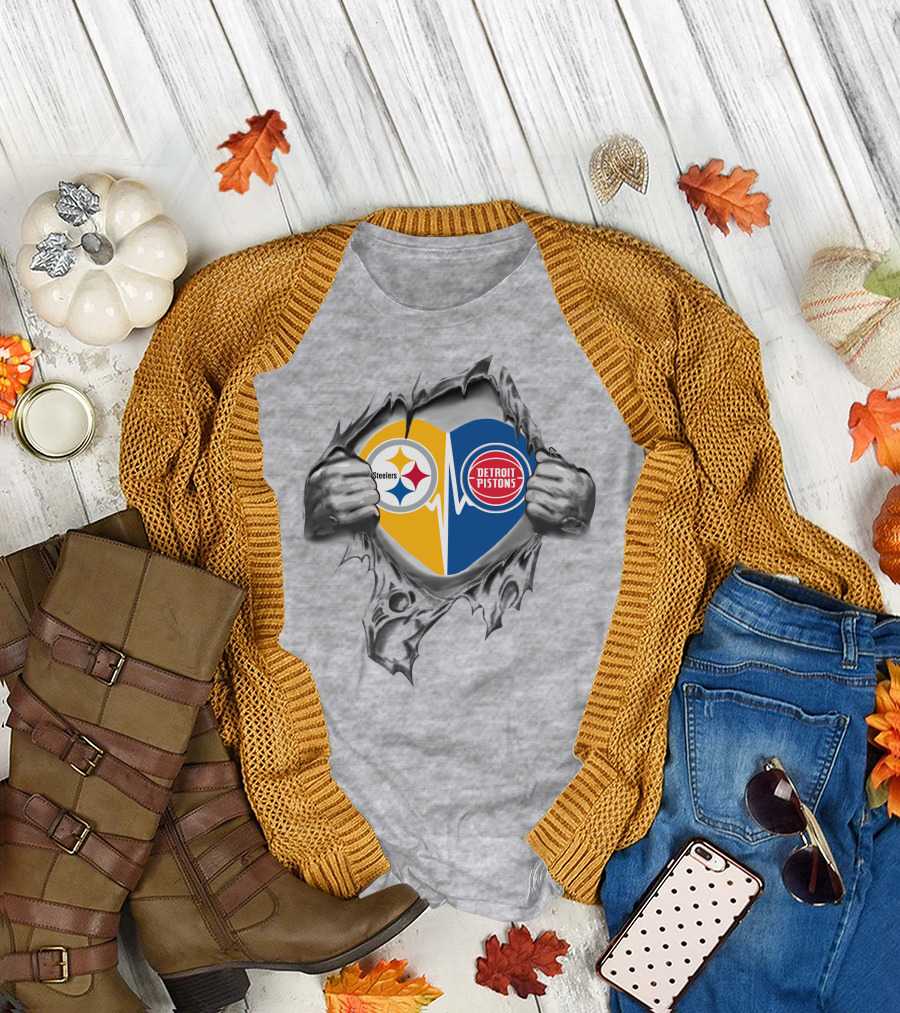 Steelers Detroit Pistons Heart Design Featuring Logos and Ripped Effect T-Shirt