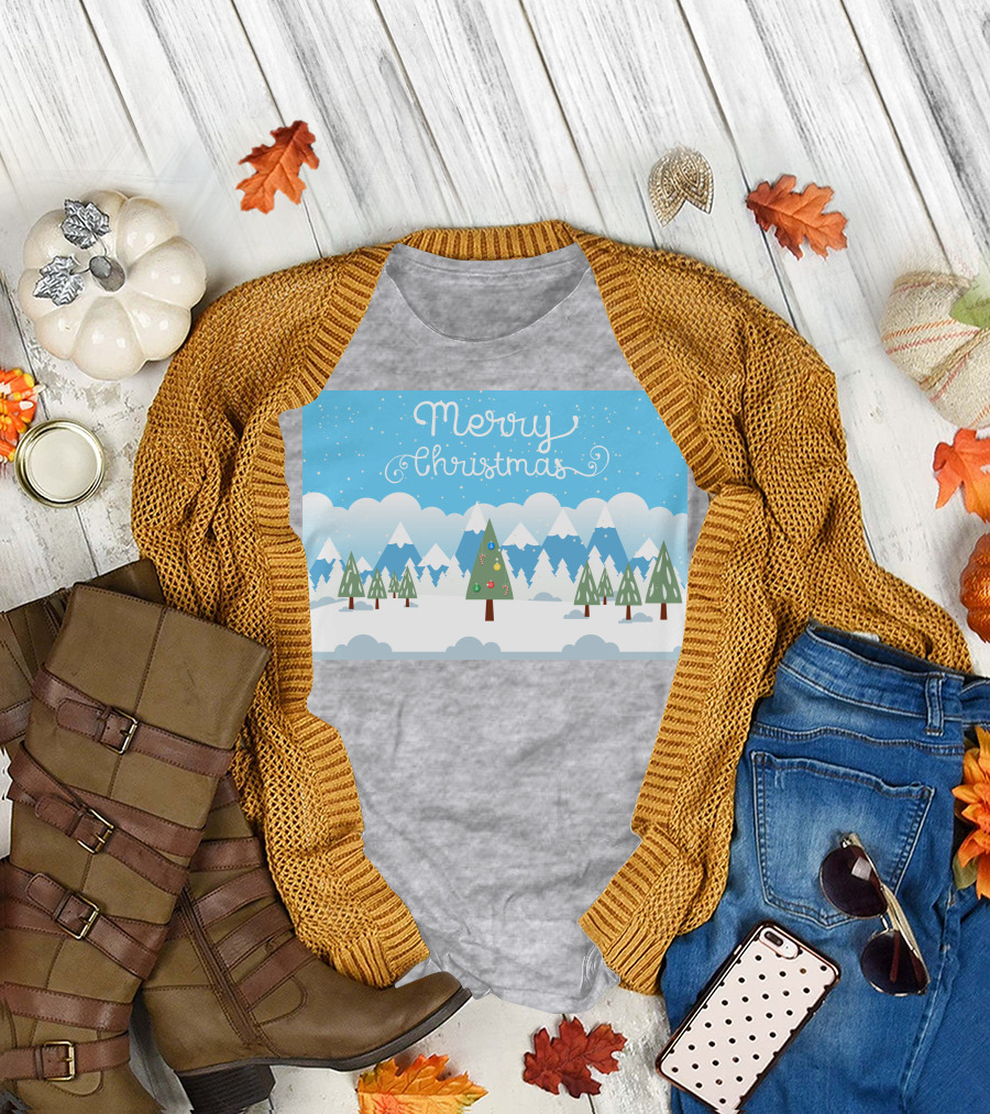 Merry Christmas Snowy Mountain Landscape with Decorated Tree T-Shirt