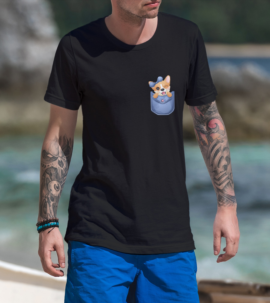 Corgi In Blue Pocket With Winking Bow T-Shirt