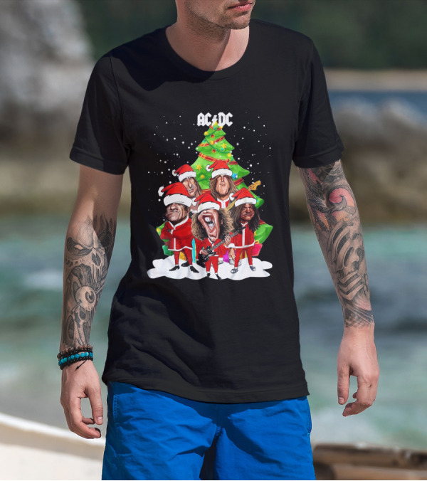 ACDC Christmas Band Santa Hats Cartoon Snow Guitar Christmas Tree T-Shirt
