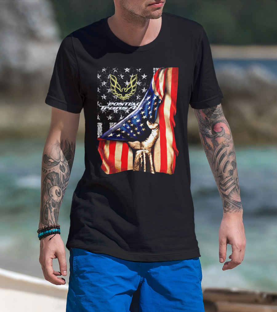Pontiac Trans Am Eagle With American Flag Background And Stars T-Shirt