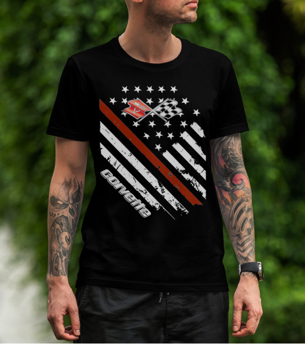 Corvette C3 American Flag Vintage Racing Stripes And Emblems T-Shirt