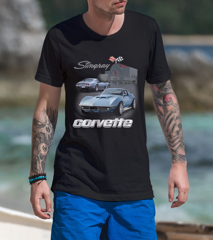 Stingray Corvette Classic C3 At Museum With Racing Flag Emblem T-Shirt