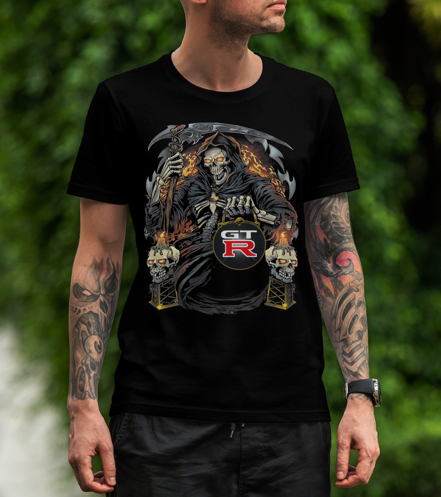 Nissan GTR01 Skeleton With Scythe And Flaming Skulls Retro T-Shirt