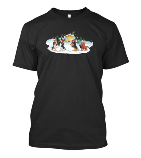 Cavalier King Charles Spaniels Building Snowmen In Winter Wonderland T-Shirt