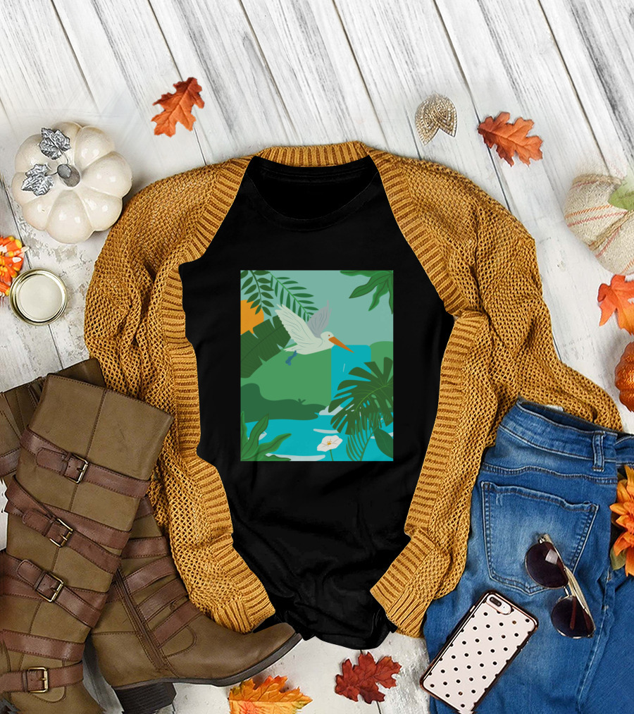 Lush Waterfall Tropical Paradise with Flying Bird and Exotic Plants T-Shirt