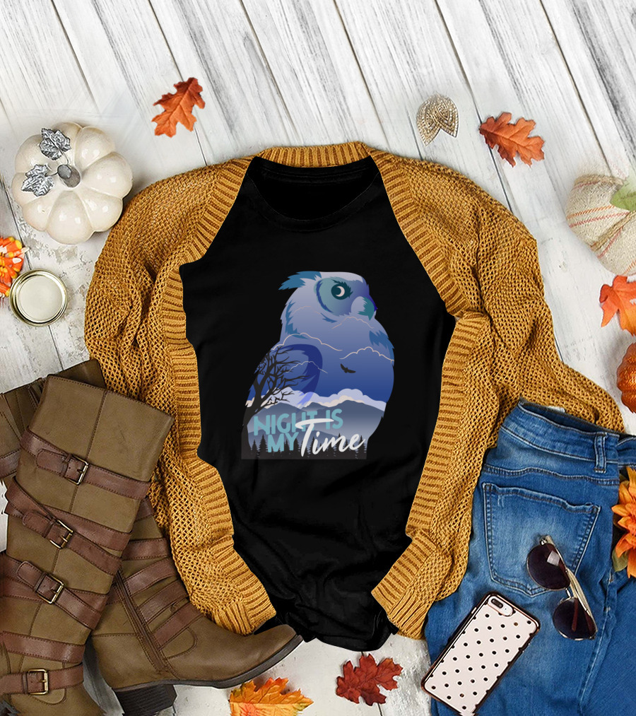 Night Is My Time Owl with Moonlit Sky and Flying Bird T-Shirt