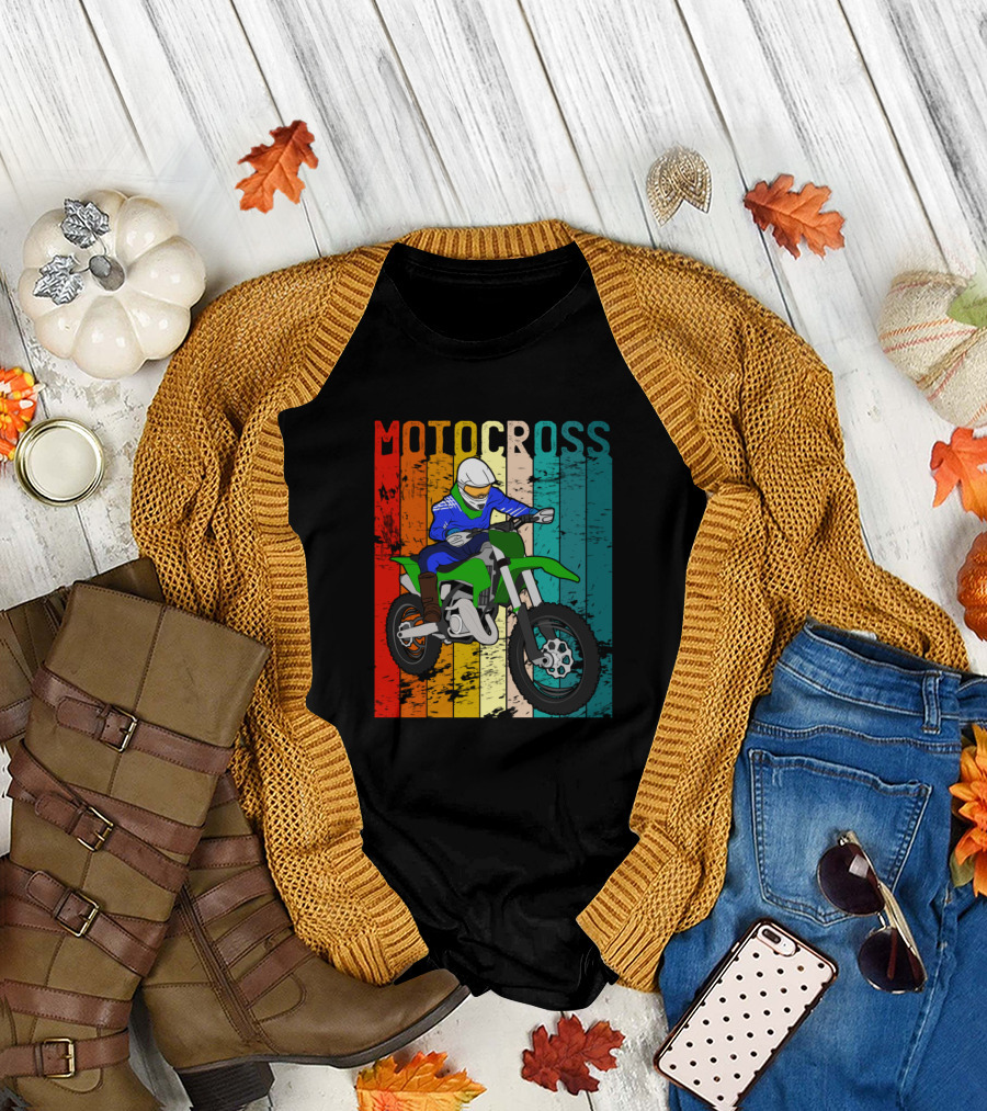 Motocross Retro Racing Vintage Dirt Bike Rider Multicolor Stripes T-Shirt