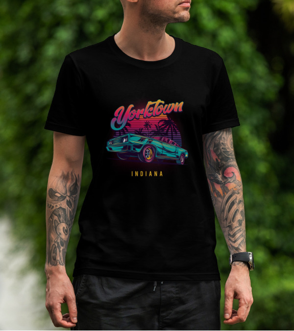 Yorktown Indiana Retro Vintage Muscle Cars 1980s Palm Tree Sunset T-Shirt