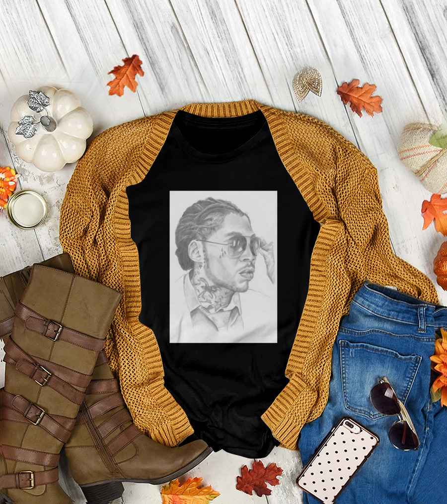 Vybz Kartel Pencil Sketch Portrait Sunglasses and Tattoos T-Shirt