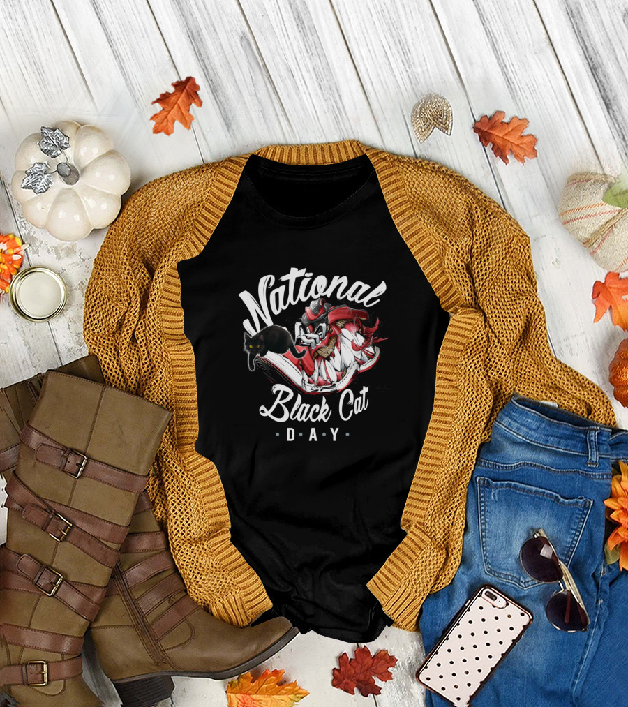 National Black Cat Day Black Cat and Shoe Funny Cat Kitty T-Shirt