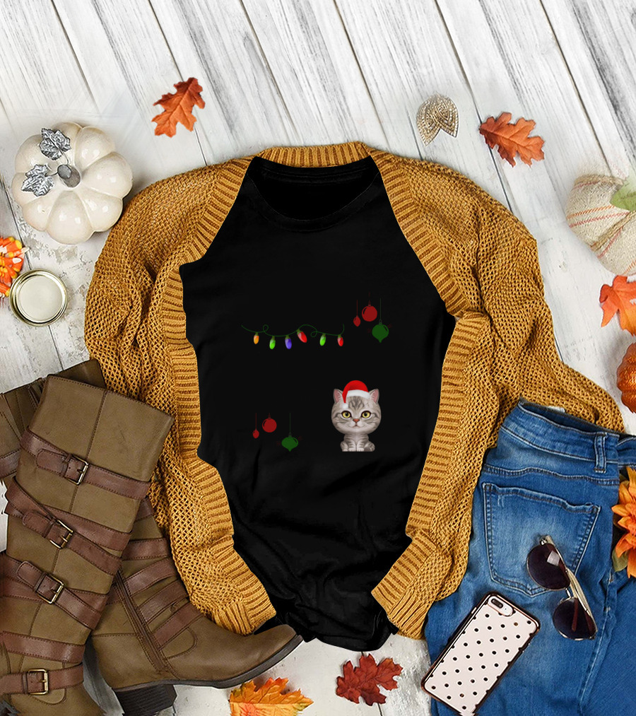 Tiger Tabby Around the Christmas Tree with Santa Hat and Ornaments T-Shirt