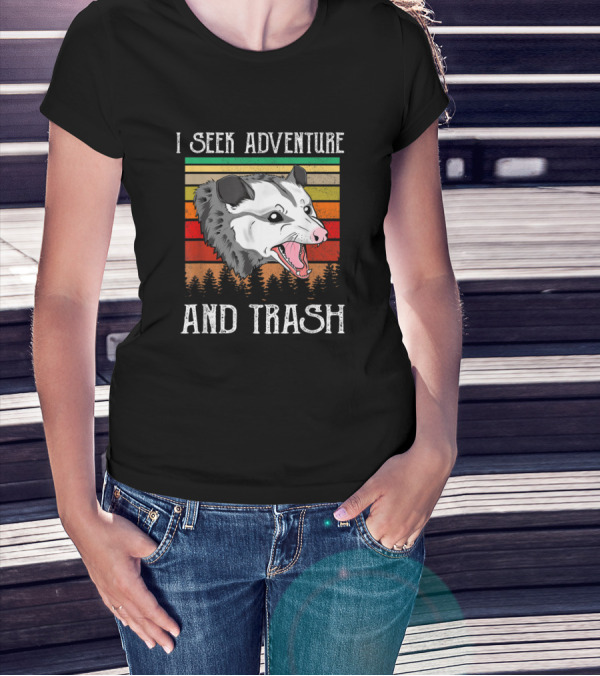 I Seek Adventure And Trash Funny Opossum Retro Forest T-Shirt