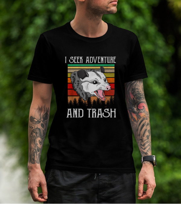 I Seek Adventure And Trash Funny Opossum Retro Forest T-Shirt