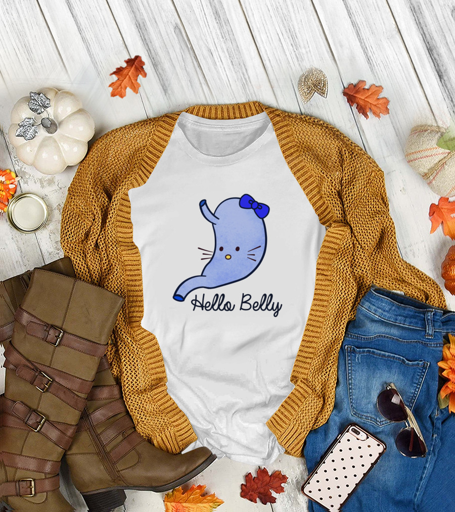 Hello Belly Cute Stomach with Bow Whiskers Funny Appreciation T-Shirt
