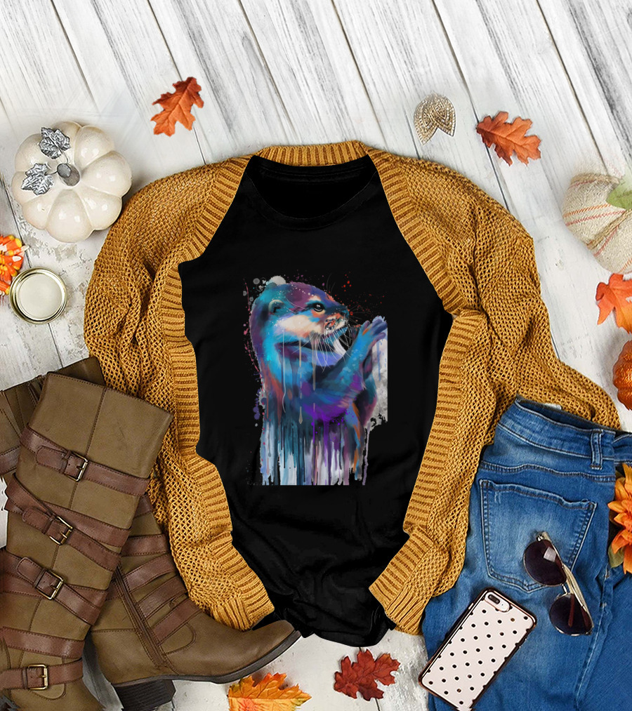 Colorful Watercolor Otter Portrait Dripping Paint T-Shirt