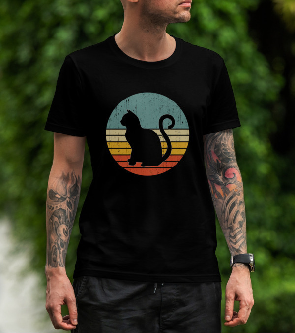 Cat Silhouette Retro Sunset Vintage Style Circular T-Shirt