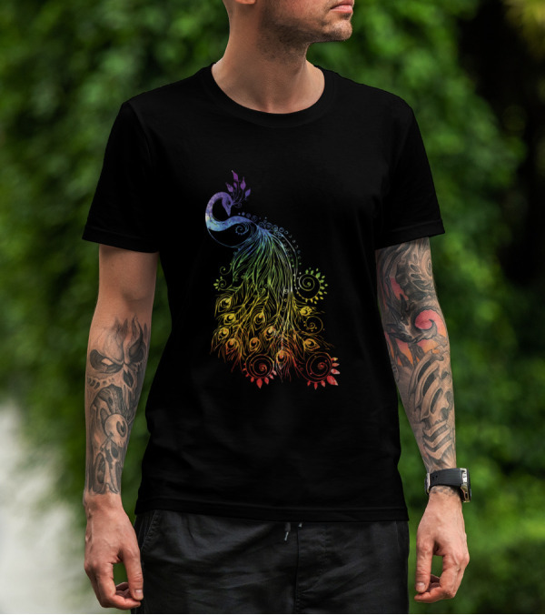 Colorful Peacock Bird Cool Rainbow Swirl T-Shirt