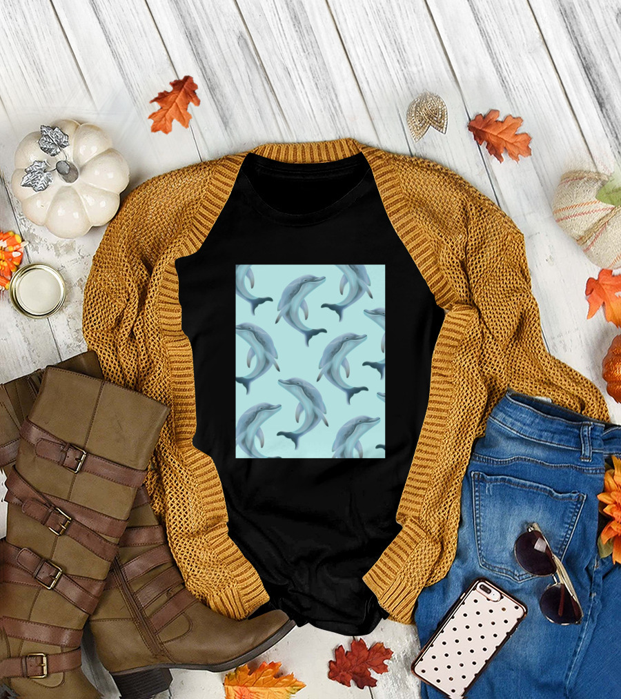 Dolphins Pattern Blue Ocean Aquatic Animals T-Shirt