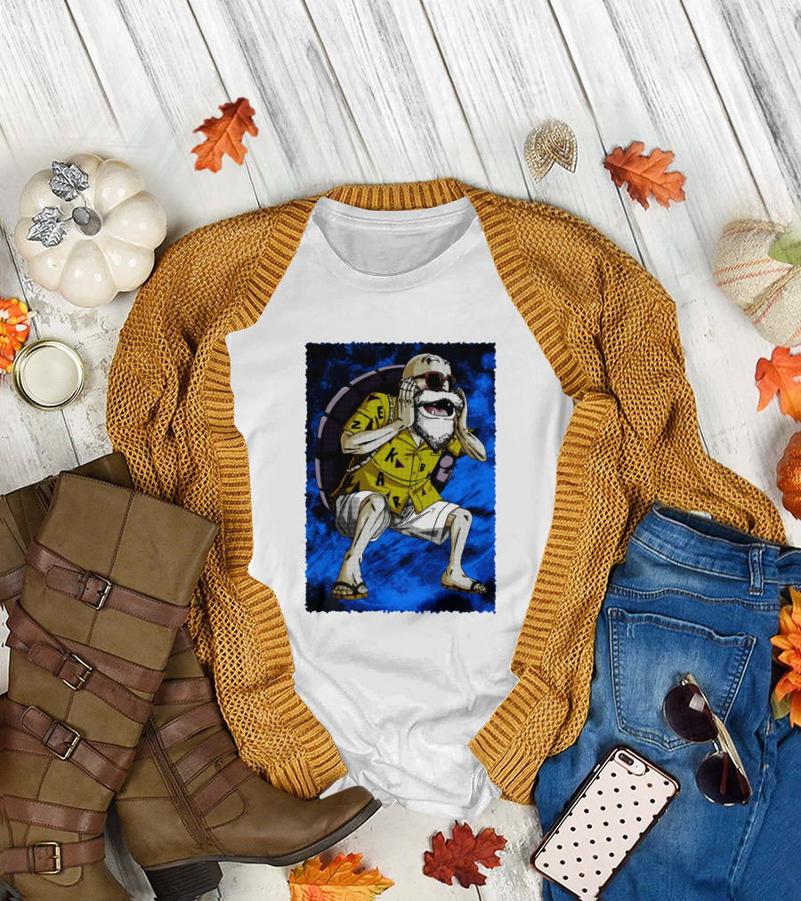 Kamesennin Squatting with Sunglasses and Turtle Shell Backpack T-Shirt