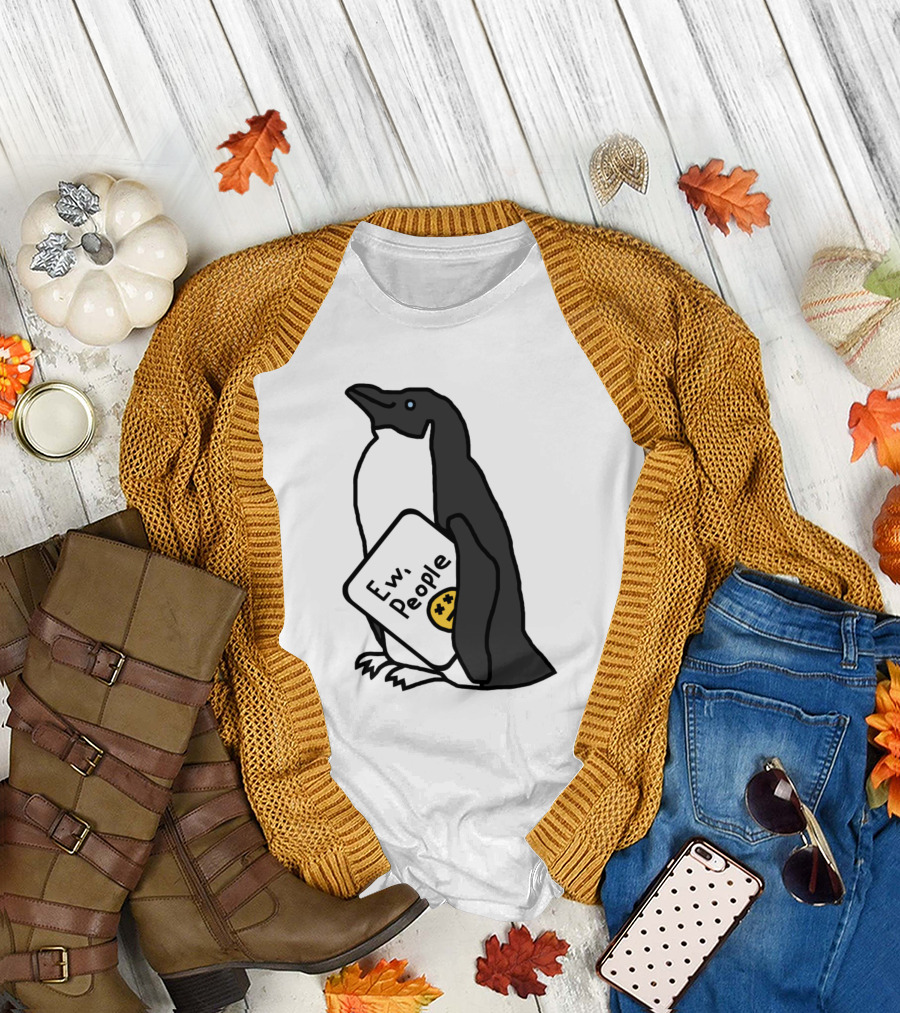 Penguin Holding Ew People Sign with Unamused Emoji T-Shirt