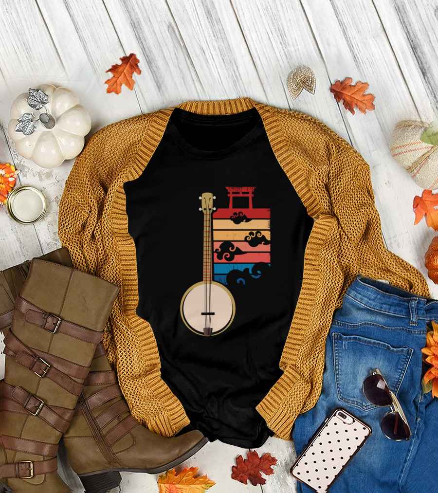 Retro Banjo Surfing 80s Mountains Style with Japanese Wave Elements T-Shirt