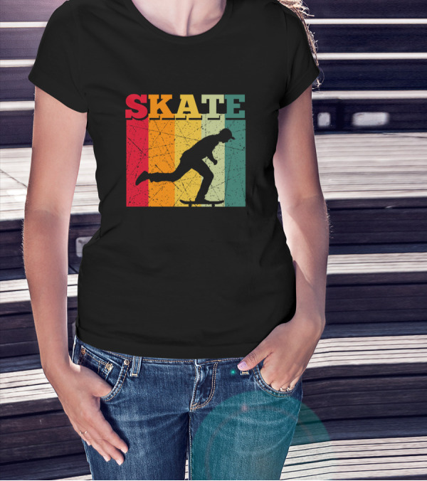 Retro Skate Skateboarder Silhouette Vintage Stripes T-Shirt