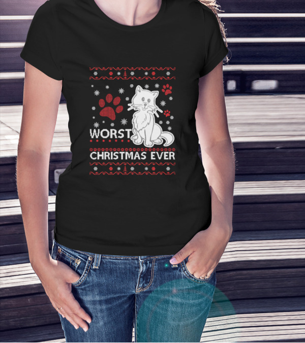 Worst Christmas Ever Cat Paw Print Holiday T-Shirt