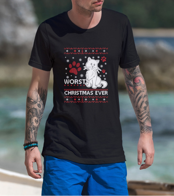 Worst Christmas Ever Cat Paw Print Holiday T-Shirt