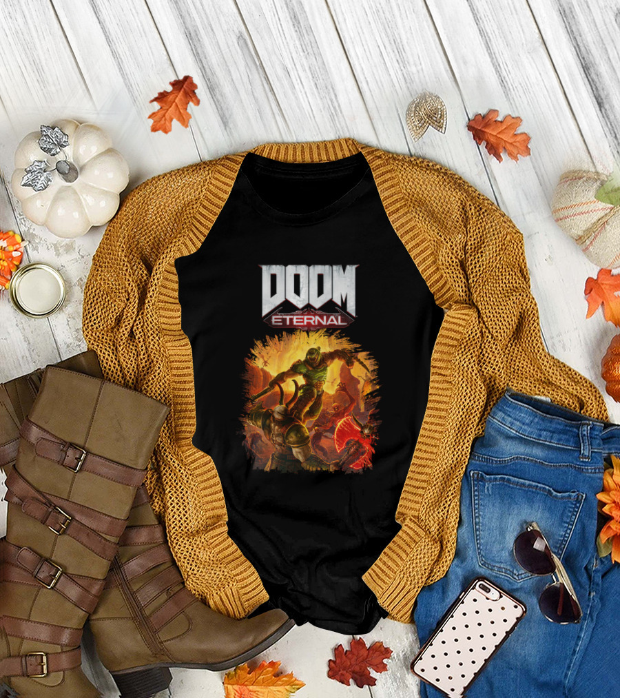 DOOM Eternal Action-Packed Demonic Battle Scene T-Shirt