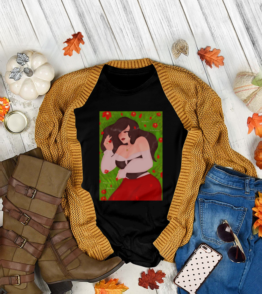 He Loves Me He Loves Me Not Romantic Illustration with Red Flowers and Woman in Red Skirt T-Shirt