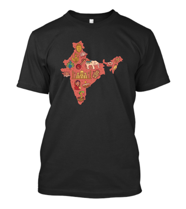 India Map Icons Elephant Taj Mahal Buddha Lotus Sitar Cobra T-Shirt