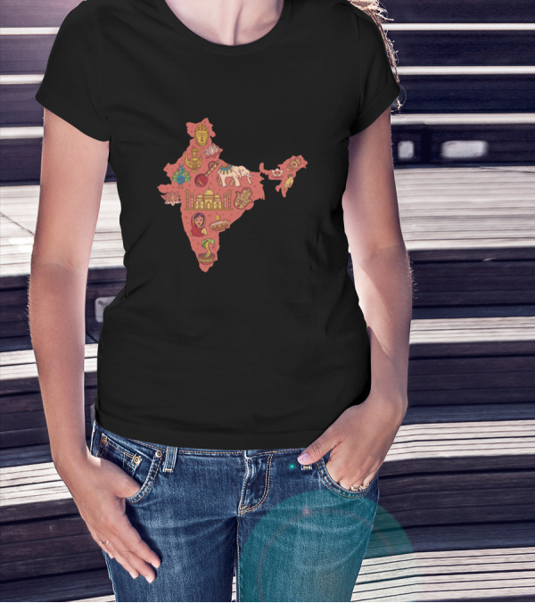 India Map Icons Elephant Taj Mahal Buddha Lotus Sitar Cobra T-Shirt