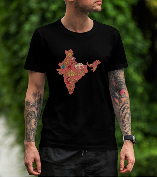 India Map Icons Elephant Taj Mahal Buddha Lotus Sitar Cobra T-Shirt