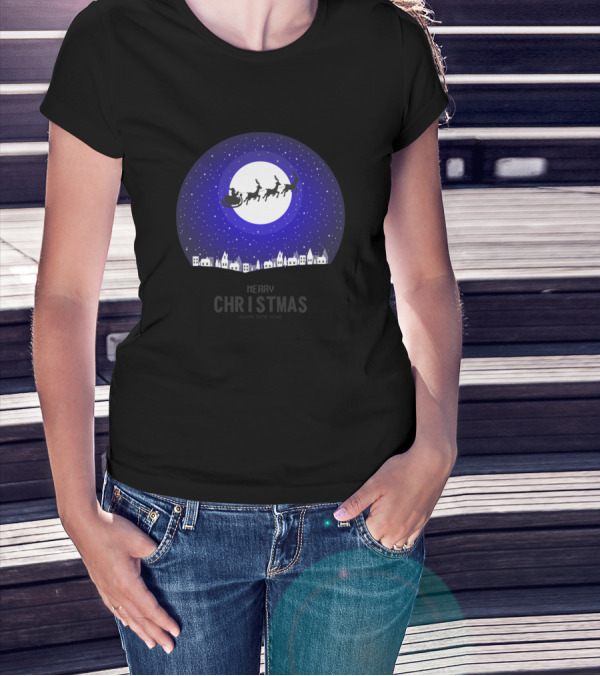 Merry Christmas Santa Sleigh Moonlit Night Sky Village T-Shirt