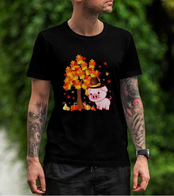 Thanksgiving Cute Pig With Maple Tree And Pumpkins For Pig Lovers T-Shirt