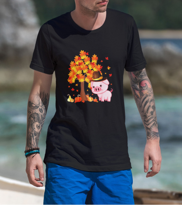 Thanksgiving Cute Pig With Maple Tree And Pumpkins For Pig Lovers T-Shirt