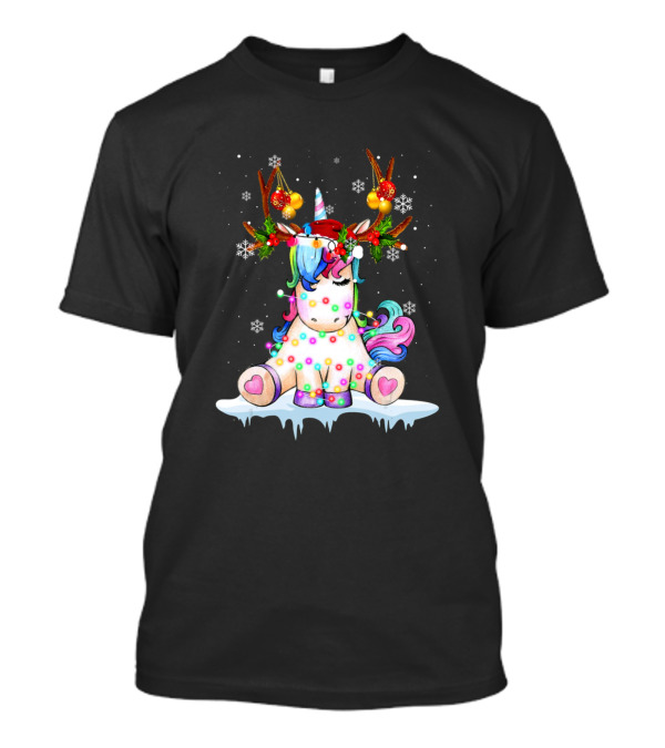 Unicorn With Christmas Lights And Reindeer Antlers Snowflakes T-Shirt
