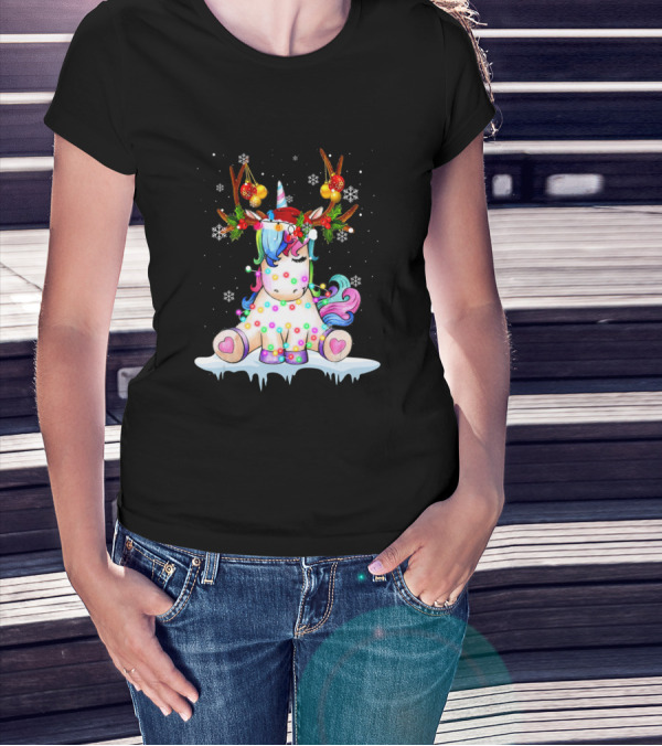 Unicorn With Christmas Lights And Reindeer Antlers Snowflakes T-Shirt