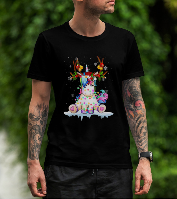 Unicorn With Christmas Lights And Reindeer Antlers Snowflakes T-Shirt