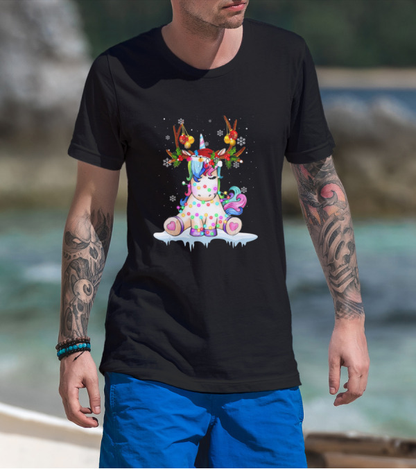 Unicorn With Christmas Lights And Reindeer Antlers Snowflakes T-Shirt
