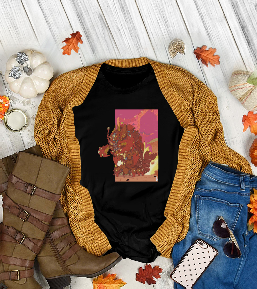Loborostar Spectacular Crimson Creature in Fiery Landscape T-Shirt