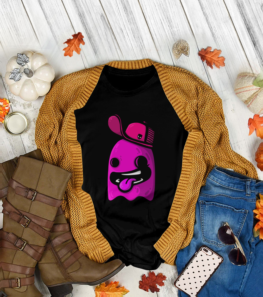 Pink Ghost Skull Cap Playful Tongue Out Expression T-Shirt