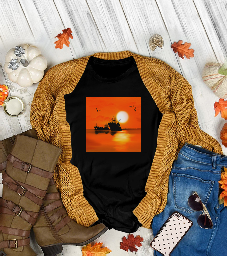 Sunset Seascape with Sailing Ships and Birds T-Shirt